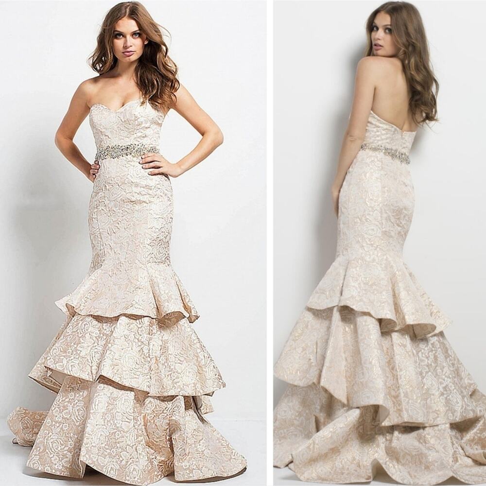 Jovani Beaded Bodycon Floral Print Layered Hem Maxi Gown